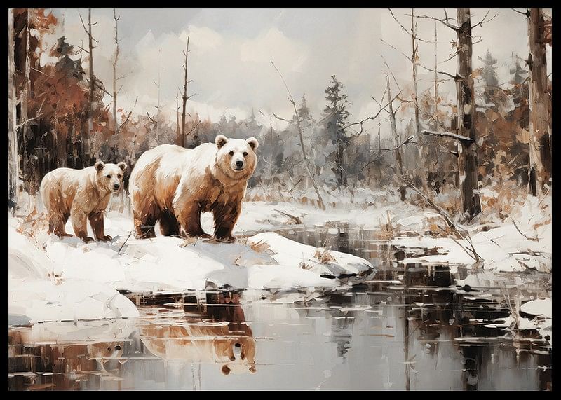 Een poster die de krachtige aanwezigheid van twee beren in een verstild winterlandschap vastlegt -12