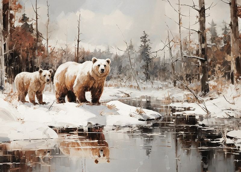 Een poster die de krachtige aanwezigheid van twee beren in een verstild winterlandschap vastlegt -12