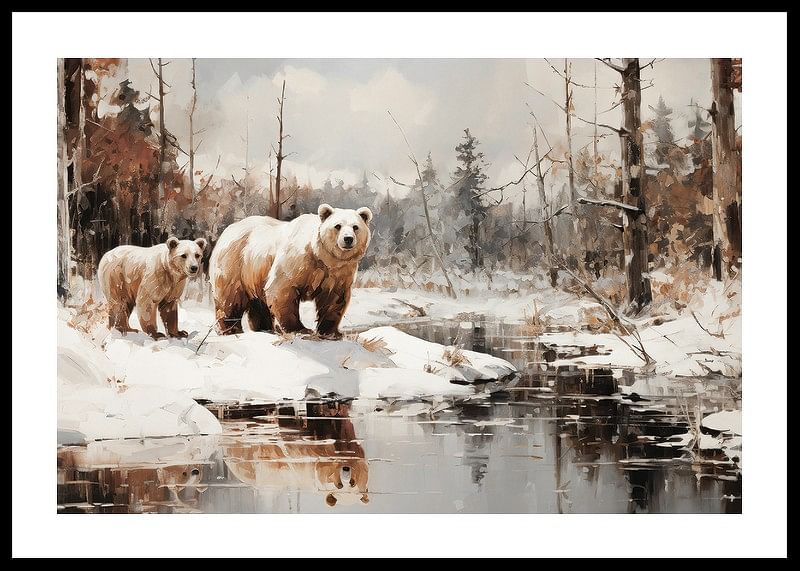 Een poster die de krachtige aanwezigheid van twee beren in een verstild winterlandschap vastlegt -12