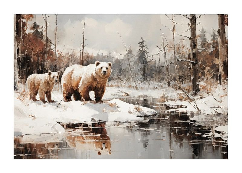 Een poster die de krachtige aanwezigheid van twee beren in een verstild winterlandschap vastlegt -12