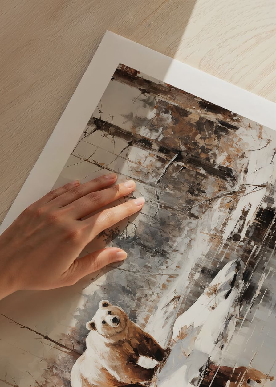 Een poster die de krachtige aanwezigheid van twee beren in een verstild winterlandschap vastlegt -12