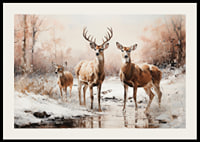 A poster that captures the calm presence of a deer family in a frosty winter landscape-2