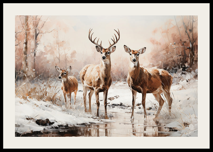 A poster that captures the calm presence of a deer family in a frosty winter landscape-12