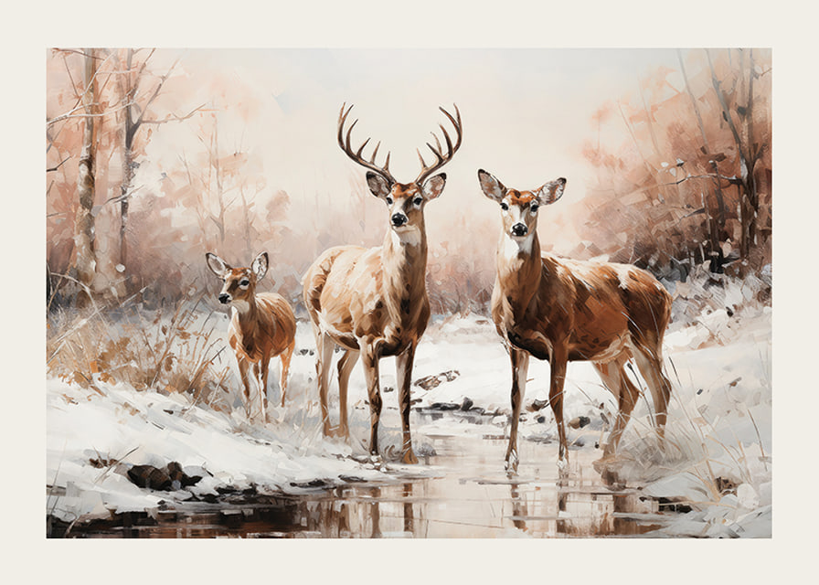 A poster that captures the calm presence of a deer family in a frosty winter landscape-12