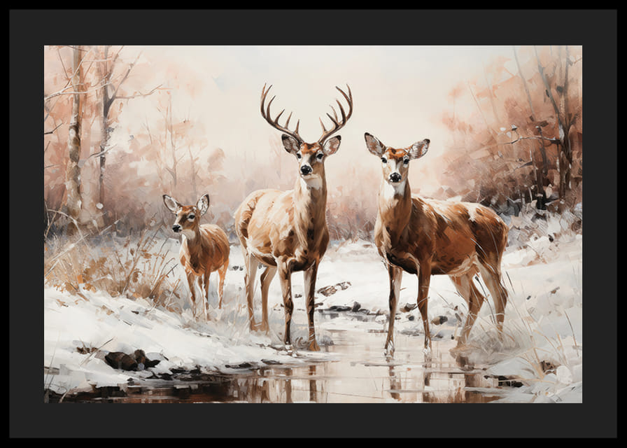 Ein Poster, das die ruhige Präsenz einer Hirschfamilie in einer frostigen Winterlandschaft einfängt-12