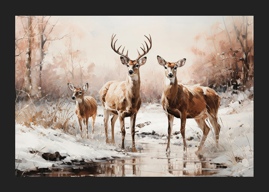 A poster that captures the calm presence of a deer family in a frosty winter landscape-12
