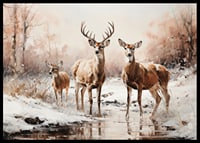 A poster that captures the calm presence of a deer family in a frosty winter landscape-6