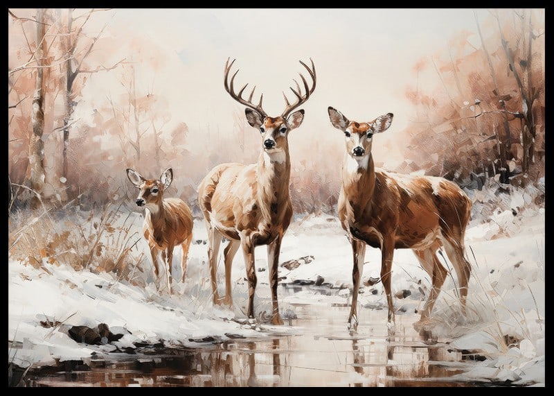A poster that captures the calm presence of a deer family in a frosty winter landscape-12