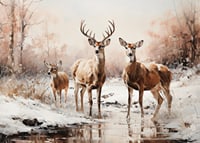 A poster that captures the calm presence of a deer family in a frosty winter landscape-7
