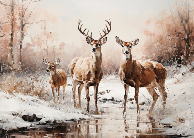 A poster that captures the calm presence of a deer family in a frosty winter landscape-12