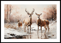 A poster that captures the calm presence of a deer family in a frosty winter landscape-0