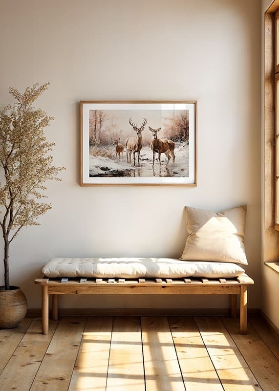 A poster that captures the calm presence of a deer family in a frosty winter landscape-12