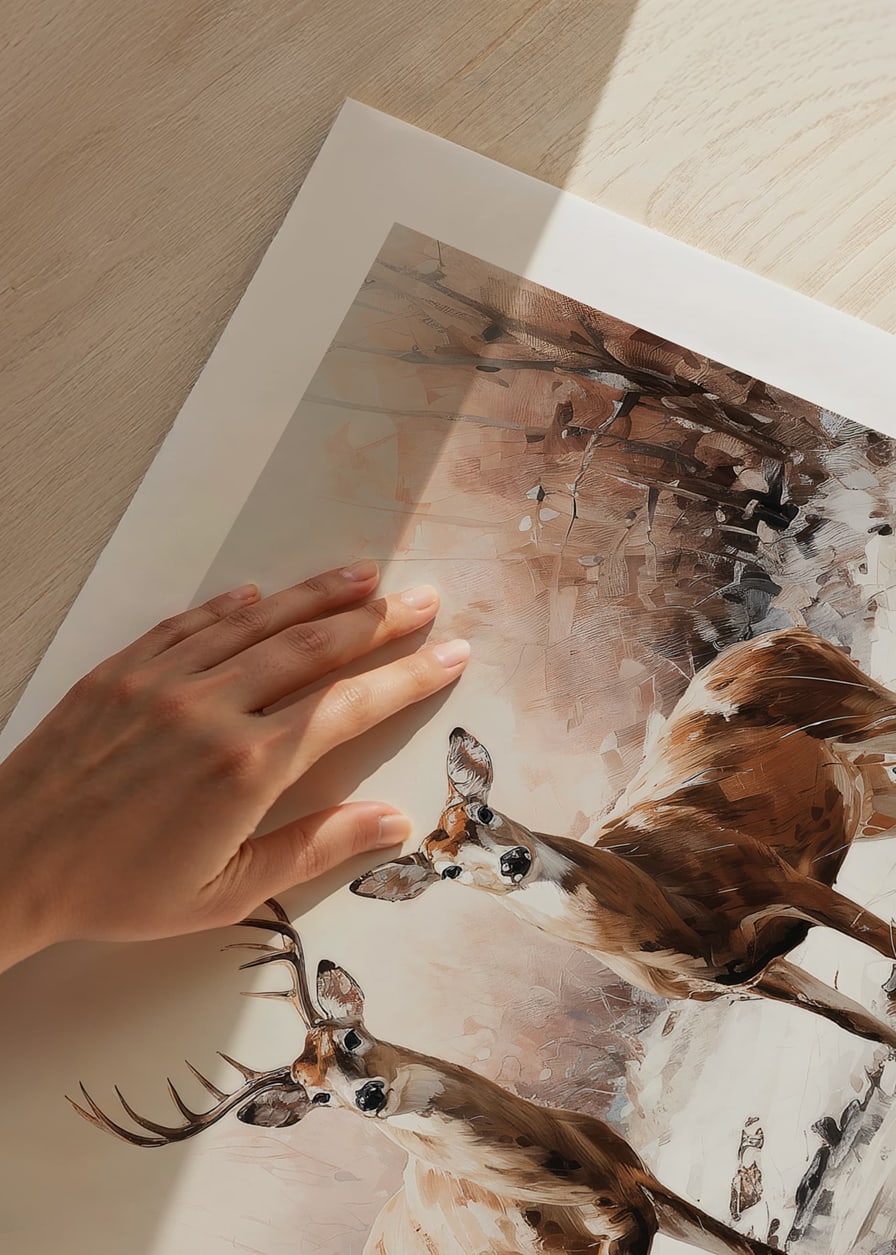 A poster that captures the calm presence of a deer family in a frosty winter landscape-12