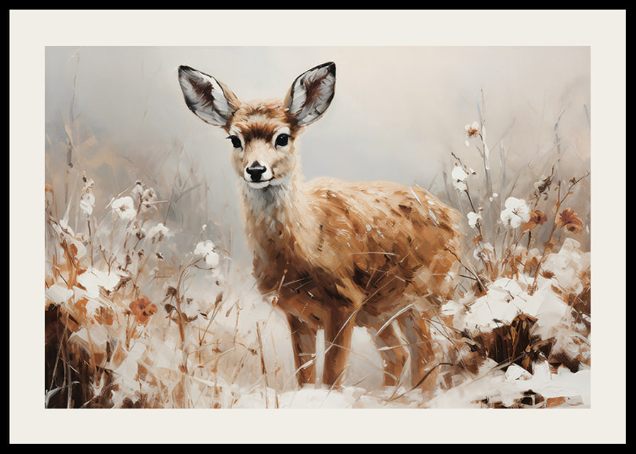 A poster that captures the innocence of a young deer in a peaceful natural setting-12