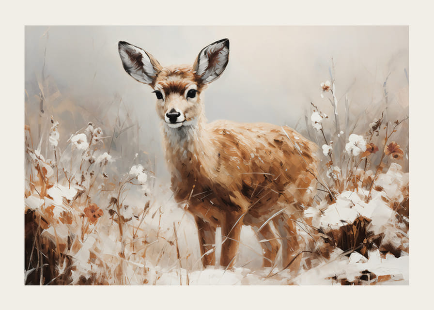 En plakat som fanger uskylden til en ung hjort i fredelige naturomgivelser-12