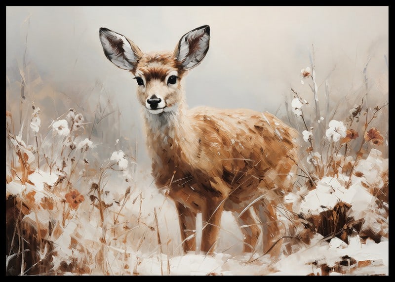 A poster that captures the innocence of a young deer in a peaceful natural setting-12