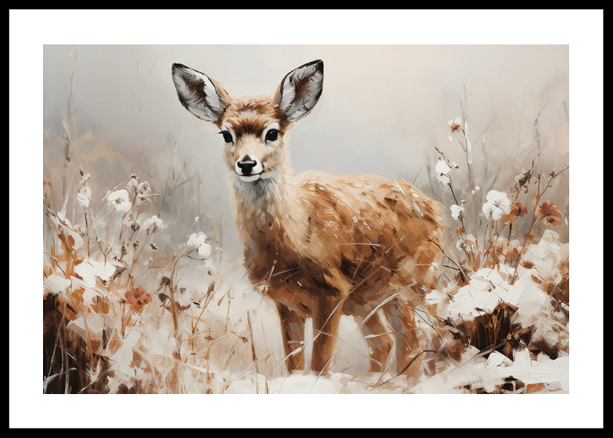 A poster that captures the innocence of a young deer in a peaceful natural setting-12