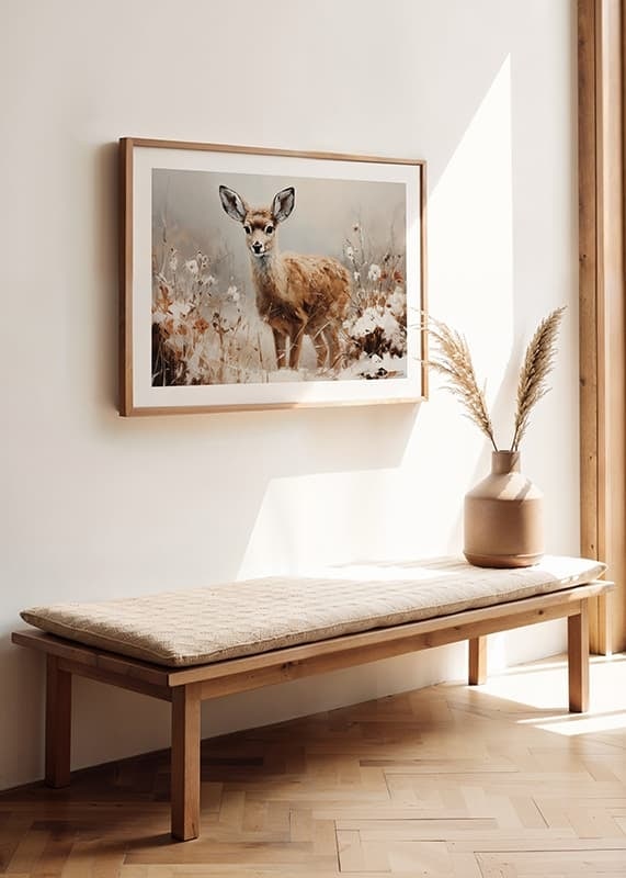 A poster that captures the innocence of a young deer in a peaceful natural setting-12