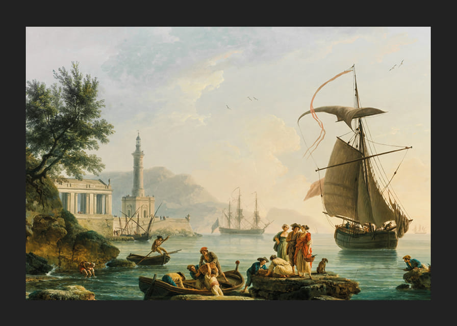 Port mediteranean la apus, cu un pescar în prim plan De Claude Joseph Vernet-12