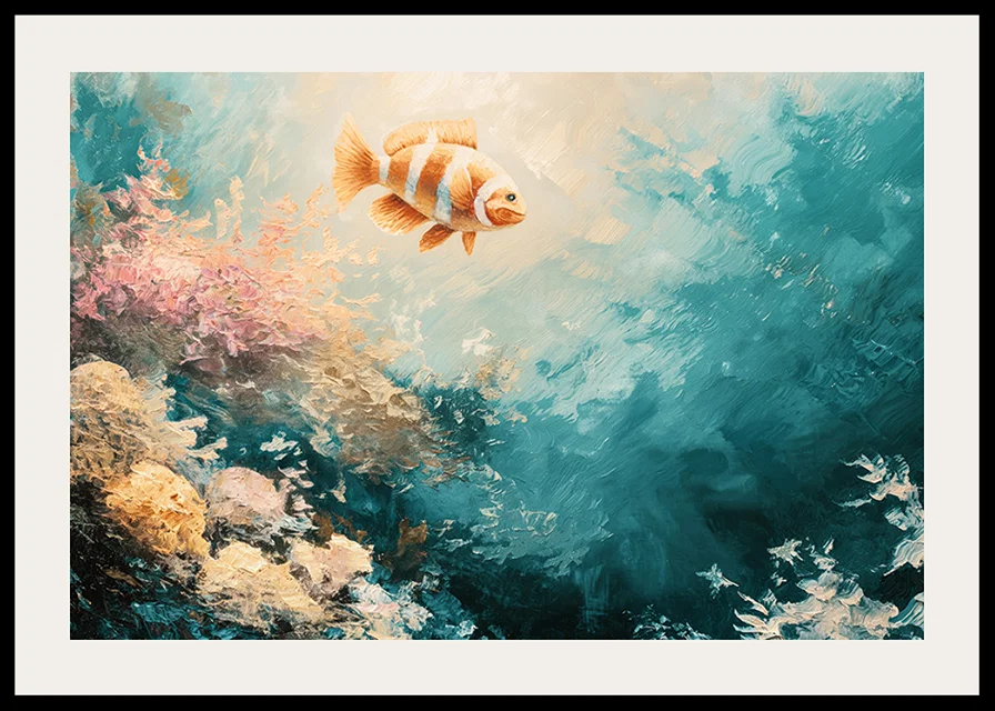 En poster av en färgstark fisk som svävar genom ett solbelyst undervattenslandskap-12