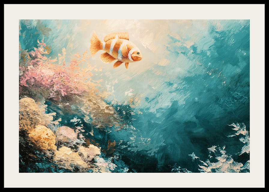 Plagát farebnej ryby plávajúcej cez slnkom zaliatu podmorskú krajinu-12