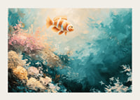 A poster of a colorful fish floating through a sunlit underwater landscape-3