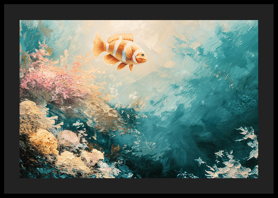 A poster of a colorful fish floating through a sunlit underwater landscape-12