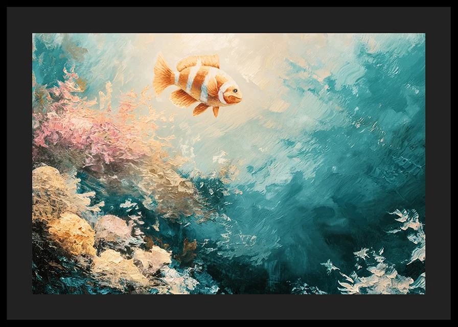 En poster av en färgstark fisk som svävar genom ett solbelyst undervattenslandskap-12