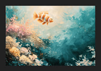A poster of a colorful fish floating through a sunlit underwater landscape-5