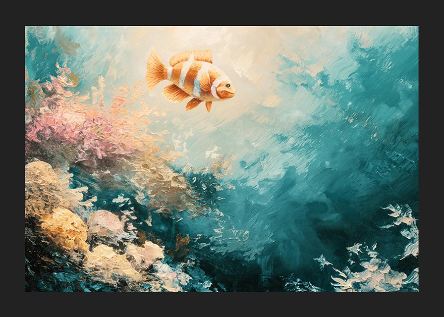 En poster av en färgstark fisk som svävar genom ett solbelyst undervattenslandskap-12