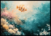 A poster of a colorful fish floating through a sunlit underwater landscape-6