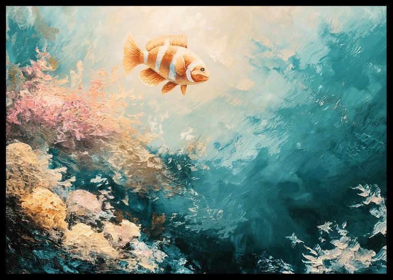 A poster of a colorful fish floating through a sunlit underwater landscape-12