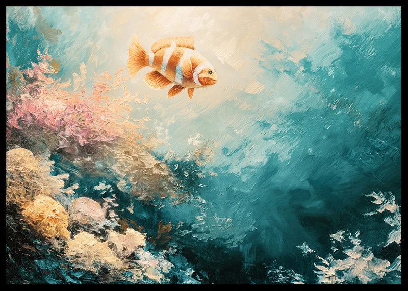 En poster av en färgstark fisk som svävar genom ett solbelyst undervattenslandskap-12