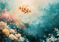 A poster of a colorful fish floating through a sunlit underwater landscape-7