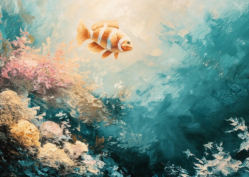 A poster of a colorful fish floating through a sunlit underwater landscape-12