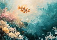 En poster av en färgstark fisk som svävar genom ett solbelyst undervattenslandskap-7