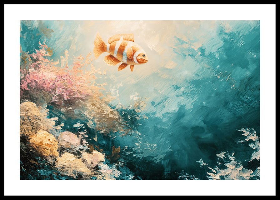 A poster of a colorful fish floating through a sunlit underwater landscape-12