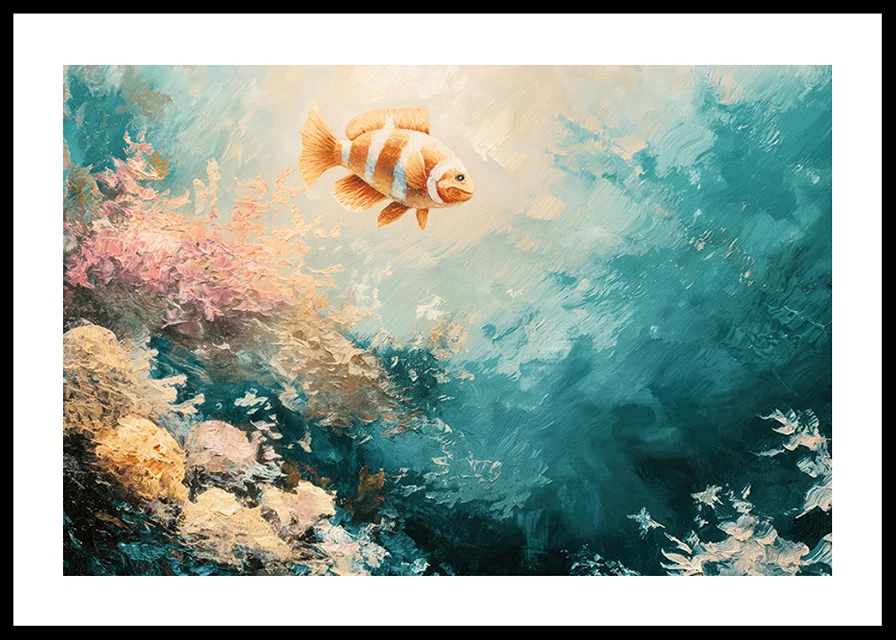 En poster av en färgstark fisk som svävar genom ett solbelyst undervattenslandskap-12