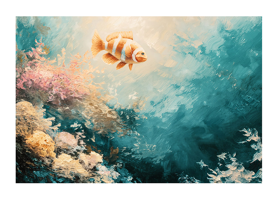 A poster of a colorful fish floating through a sunlit underwater landscape-12