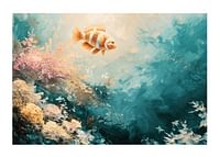 Une affiche d'un poisson coloré flottant dans un paysage sous-marin ensoleillé-1
