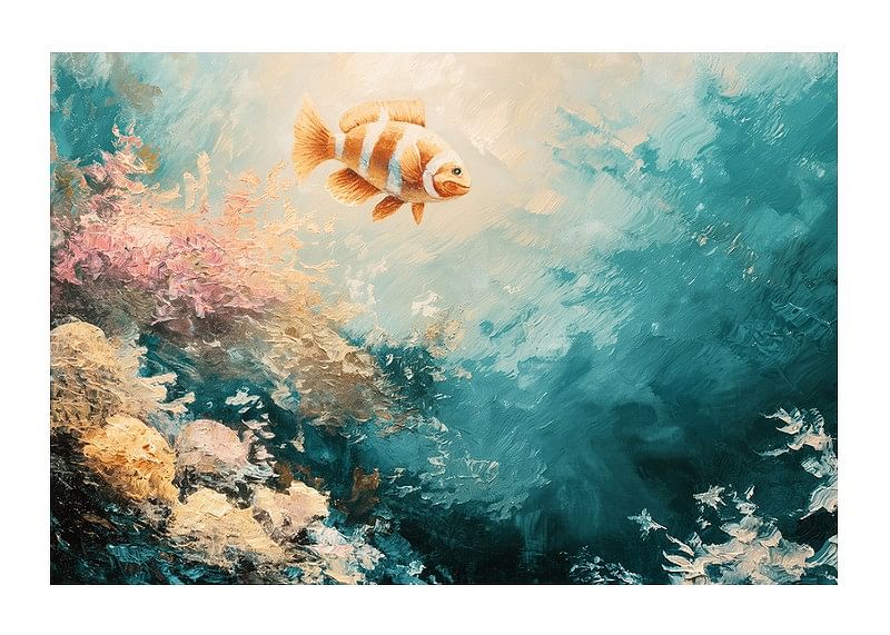 Une affiche d'un poisson coloré flottant dans un paysage sous-marin ensoleillé-12