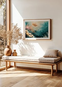 A poster of a colorful fish floating through a sunlit underwater landscape-8