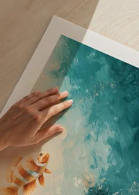 En poster av en färgstark fisk som svävar genom ett solbelyst undervattenslandskap-9