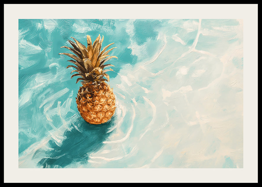 A poster of a golden pineapple floating on crystal clear water-12