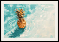 En poster av en gyllene ananas som flyter på kristallklart vatten-2