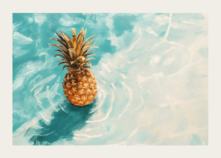 En poster av en gyllene ananas som flyter på kristallklart vatten-12