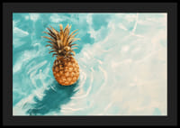 En poster av en gyllene ananas som flyter på kristallklart vatten-4