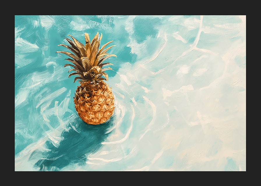 A poster of a golden pineapple floating on crystal clear water-12