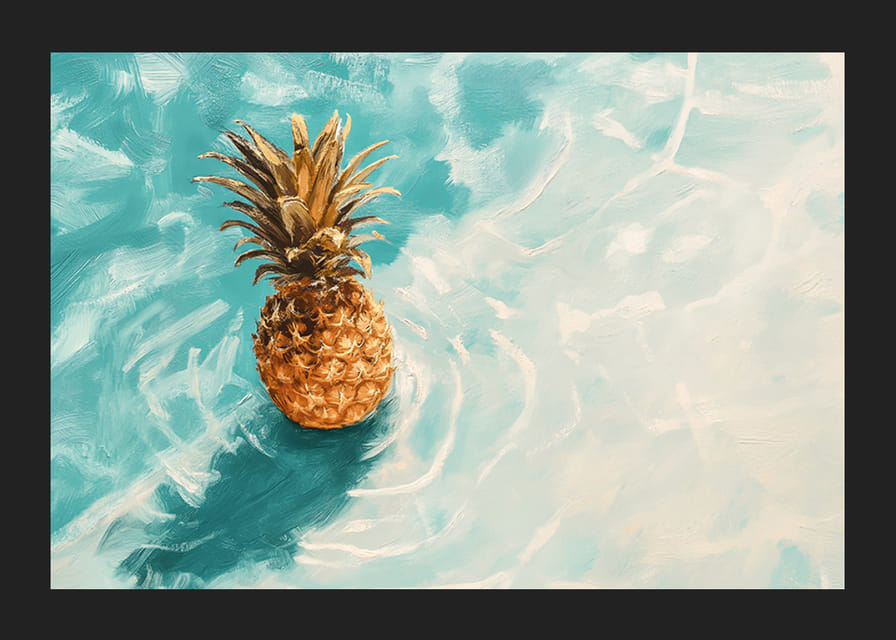 En poster av en gyllene ananas som flyter på kristallklart vatten-12