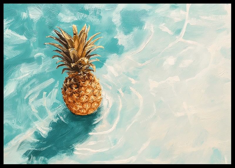 Un afiș cu un ananas auriu plutind pe apă limpede-12